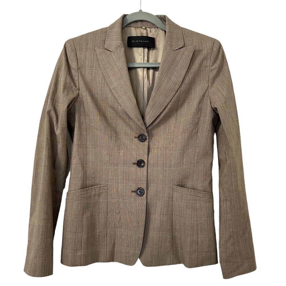 Elie Tahari Women’s Brown &‎ Tan Modern Corpcore Plaid Blazer Sz 6